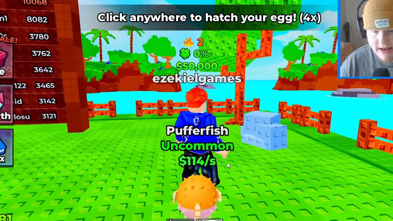Pufferfish result with animal name, Uncommon rarity and income-per-second label