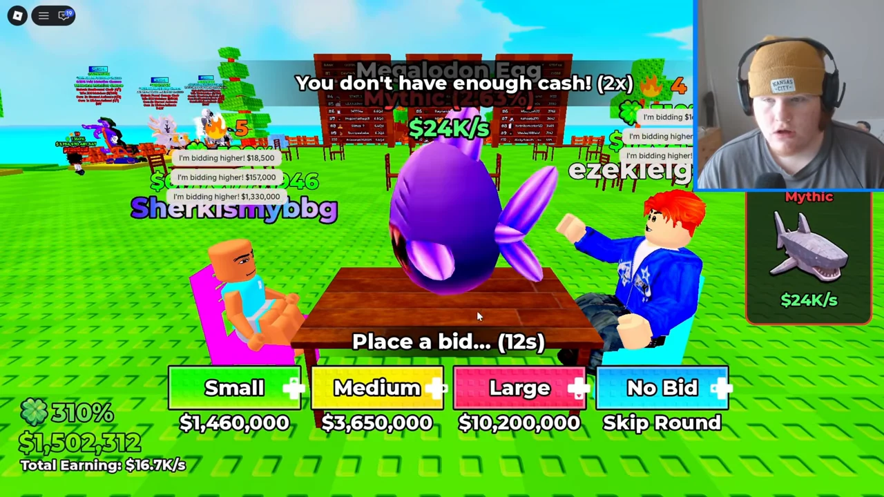 Insufficient cash message above the auction bid buttons