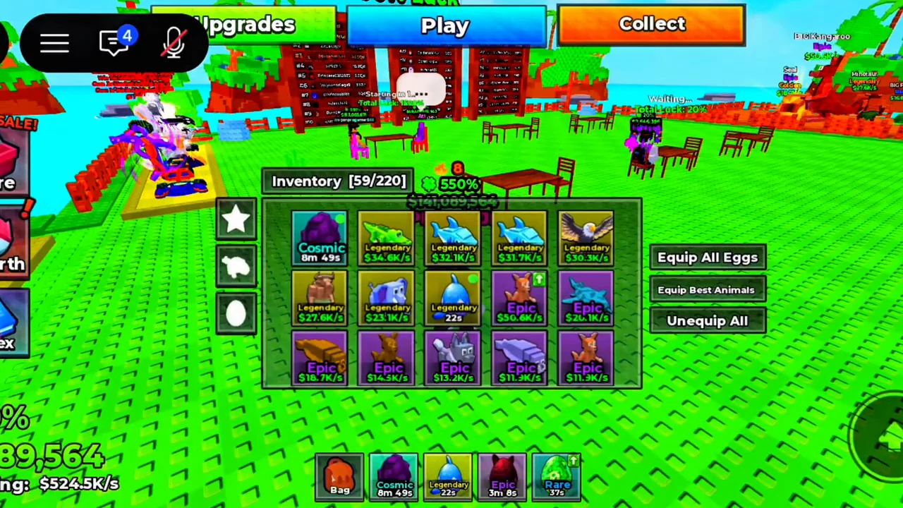 Inventory grid with Equip All Eggs, Equip Best Animals and Unequip All controls
